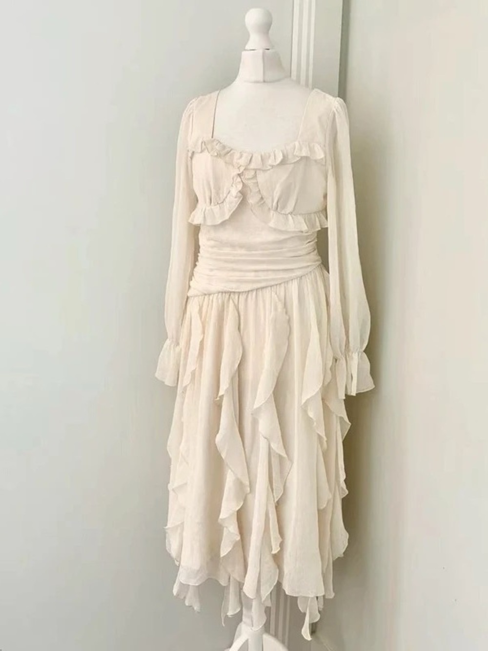 Elegant Cream Ruffle Maxi Dress with Long Sleeves